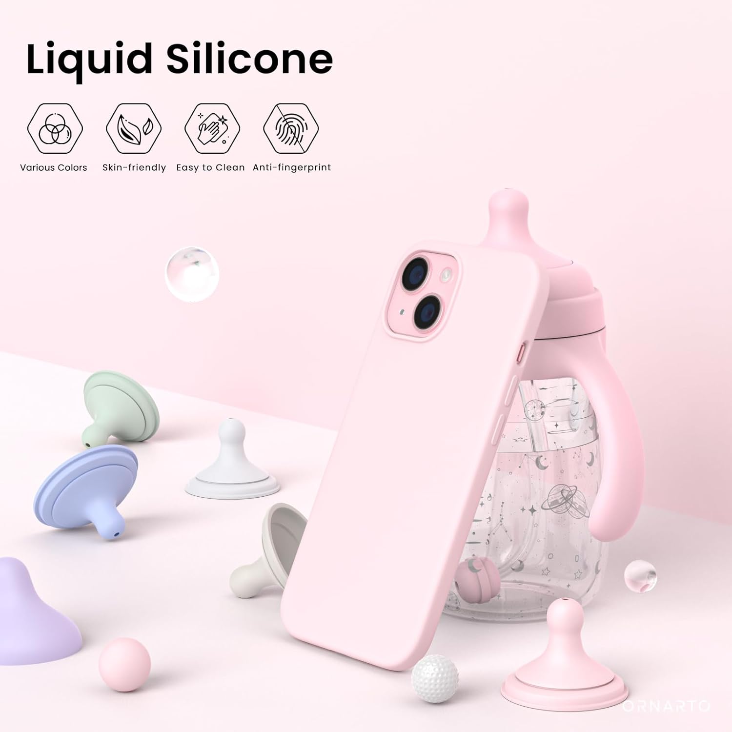 ORNARTO Compatible with iPhone 15 Case 6.1, Slim Liquid Silicone 3 Layers Full Covered Soft Gel Rubber Phone Case, Anti-Scratch Shockproof Protective Cover 6.1 Inch, Chalk Pink